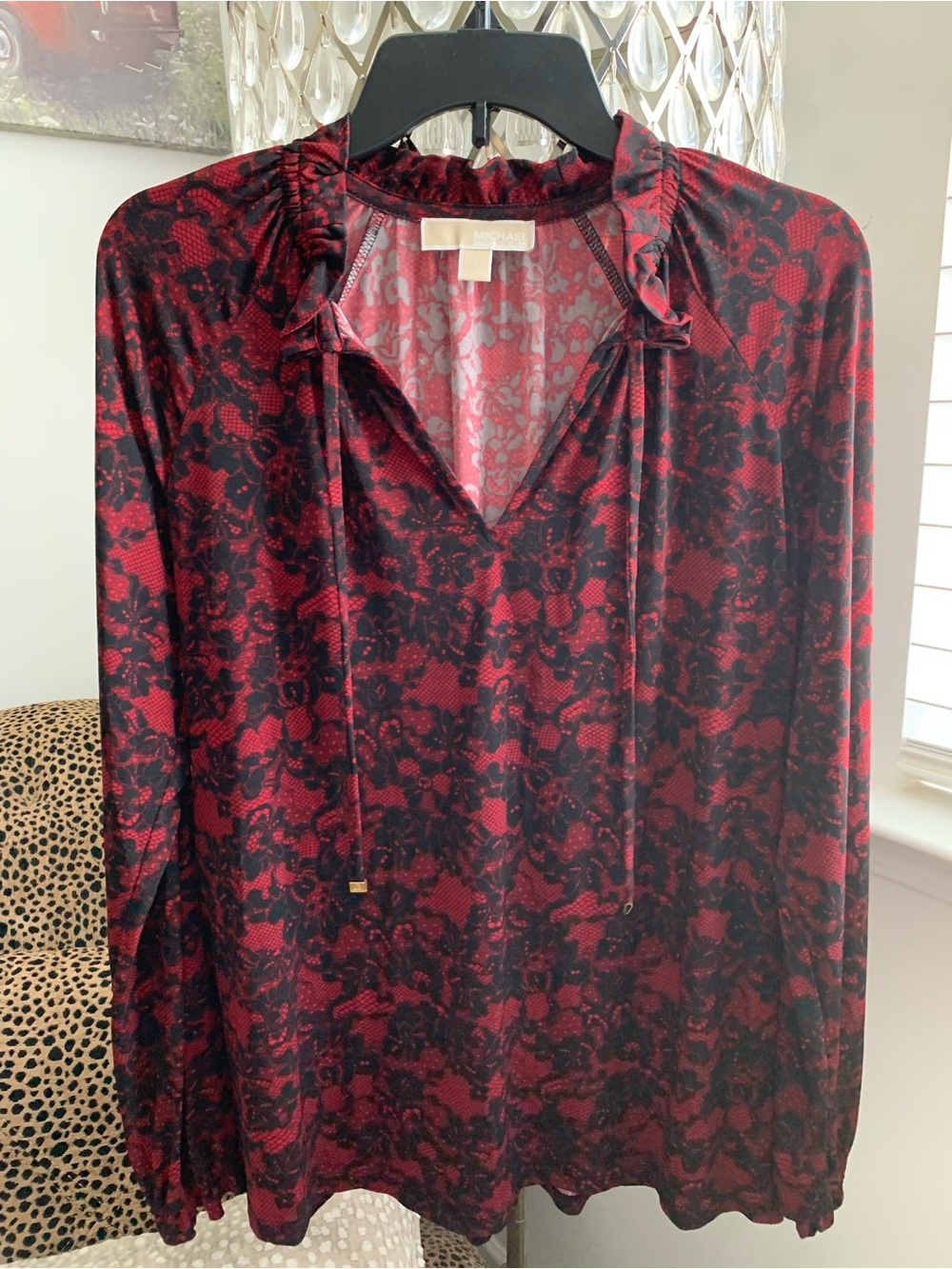 Michael Kors Red and Black Lace-Print V-Neck Long-Sleeve Blouse